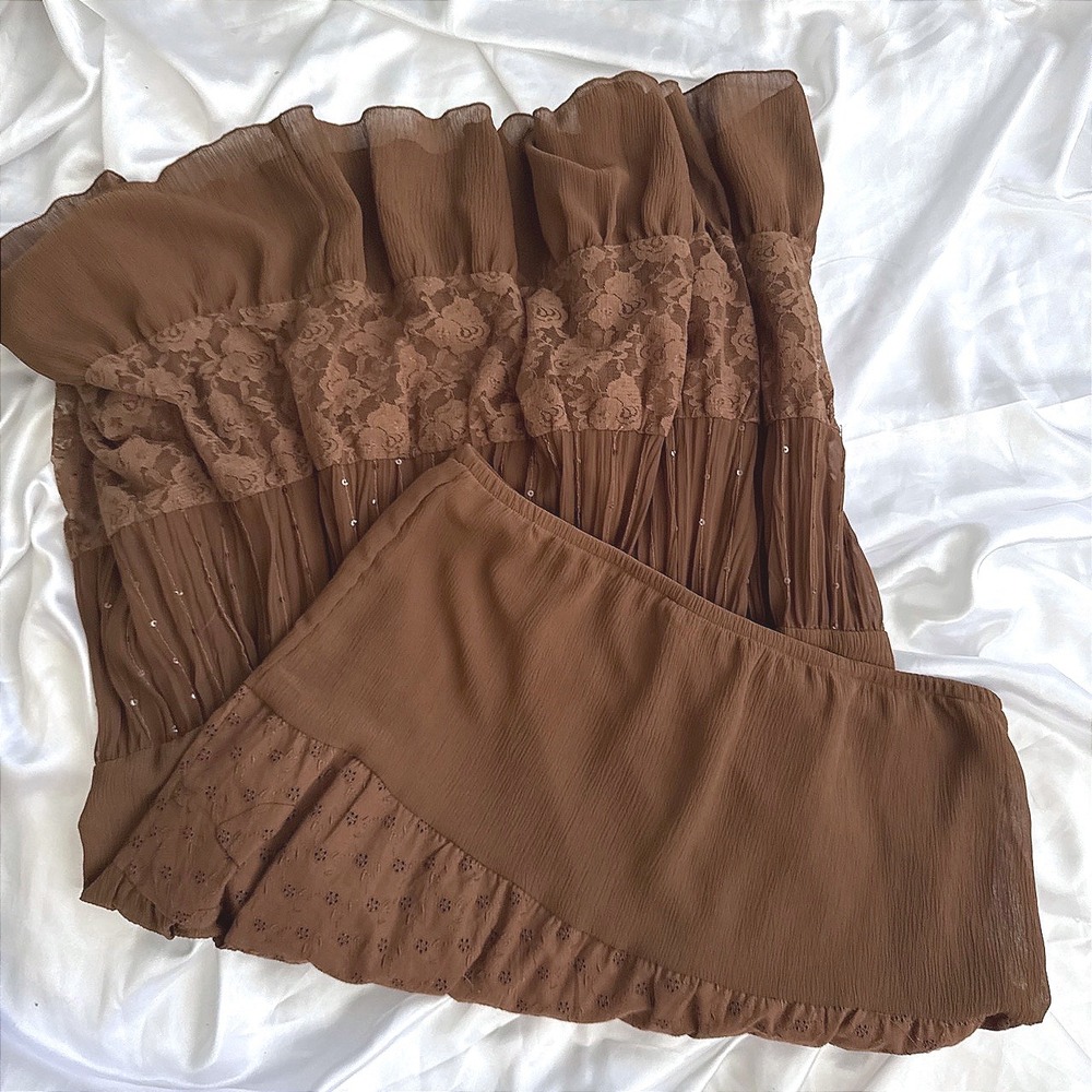 Ninety Brown Tiered Maxi Skirt Lace Sequin Eyelet Boho Cottagecore Large